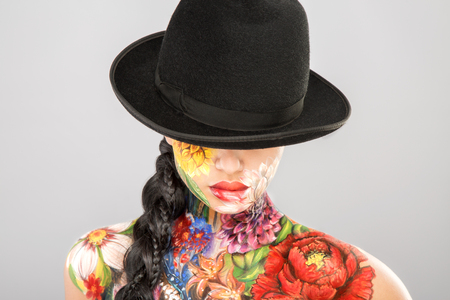 Body art model at gray backgroundの写真素材