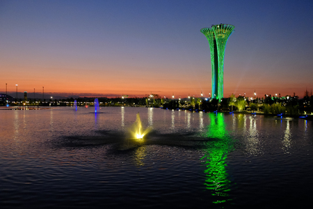 Tower and fountain illuminated, different colors, evening. Botanic Expo 2016.のeditorial素材