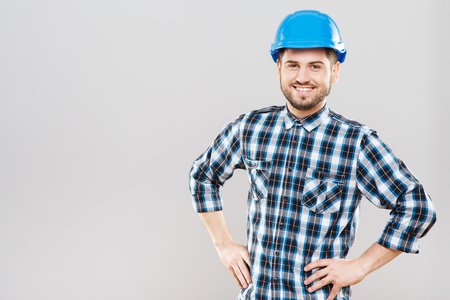 Builder in blue building helmetの写真素材