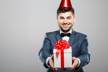 Man holding birthday presentの写真素材