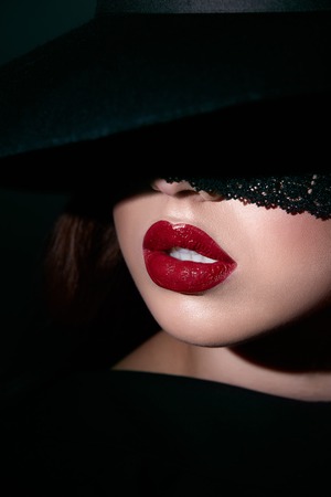 Beautiful girl with red lipsの写真素材