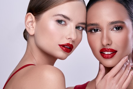 women in red with nice make-upの写真素材