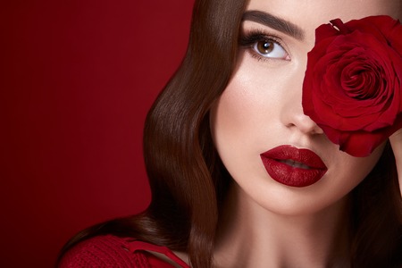 Pretty girl with red lipsの写真素材