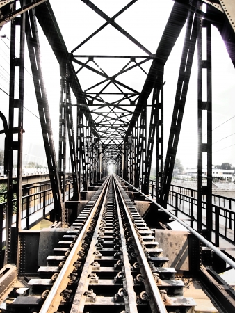 perspective of railway track across river with dramatic lightingの写真素材