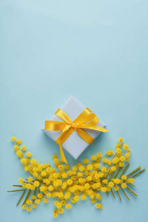 Spring flowers mimosa with gift box on blue background, greeting card for Mothers Day, 8 March, Easter. Top view, flat lay, copy space. Verticalの写真素材