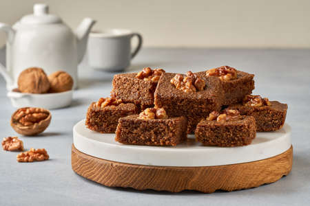 Middle eastern walnut semolina cake basbousa, namoora, hareesa. Close up