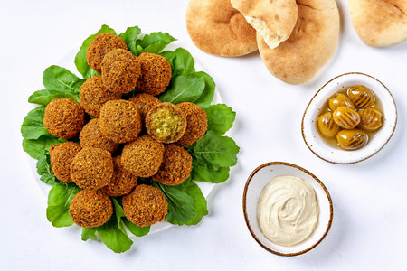 Chickpeas falafel with tahini sauce. Top view, copy spaceの写真素材