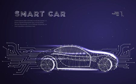 Autonomous car vehicle with circuit board.Abstract vector of a smart or intelligent car in the form of a starry sky or space, consisting of points, lines, in the form of planets,stars and the universeのイラスト素材