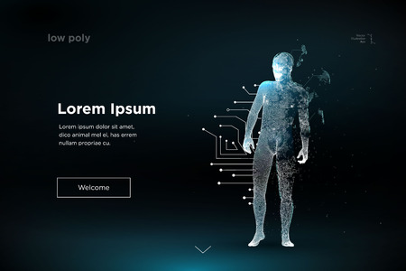 Wireframe polygon man. Concept of cloud technology, digital man reaching futuristic connected line.のイラスト素材