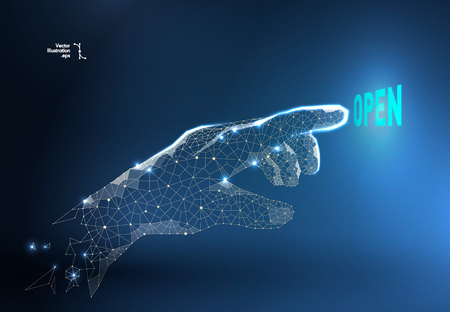 The robot hand or arm presses the button on the touchscreen Hand in the form of a starry sky or a space consisting of dots, lines, in the form of planets, stars and the universe.のイラスト素材