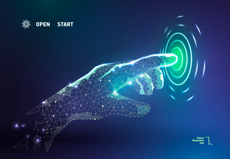 Touch the future low poly wire-frame. Vector polygonal image in the form of a starry sky or space. Consisting of points, lines, and shapes in the form of stars with destruct shapes. Futuristic concept.のイラスト素材