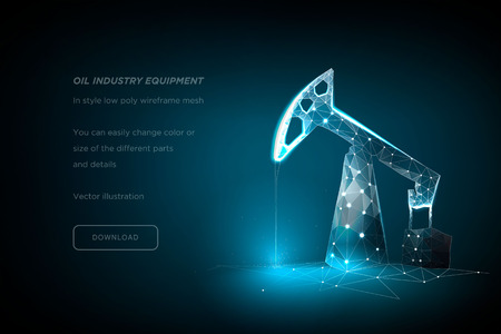 Oil pump low poly wireframe art on dark blue background. Oil industry equipment. Oil rig. Polygonal illustration with connected dots and polygon lines. 3D vector wireframe meshのイラスト素材