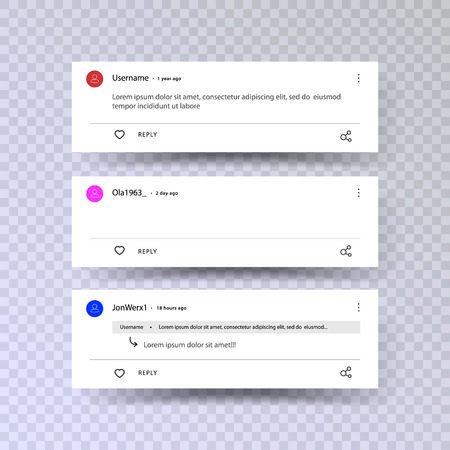 Set template of comments. Leave a comment on the video. Reply to comment. template for feedback on the site. Vector illustration isolated on transparent backgroundのイラスト素材