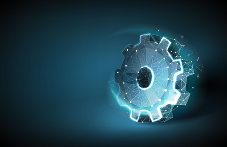 Abstract Geometric Circle triangle low poly art illustration. Blue Engineering Gear shape. Polygonal space low poly with connected dots and polygon lines. 3D vector color wireframe mesh Gearのイラスト素材