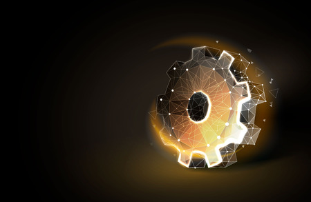 Gear low poly art illustration. oncept for cooperation or teamwork concept. Polygonal space low poly with connected dots and polygon lines gray-orange color. 3D vector futurictic wireframe meshのイラスト素材