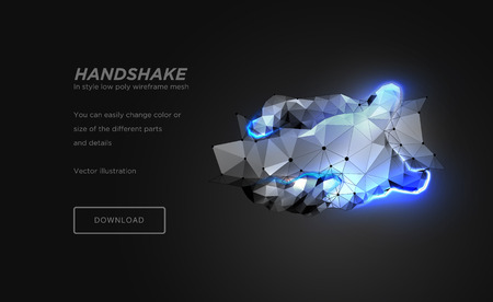 Handshake low poly wireframe art on black background. Hand gesture of help or support or energy or power.The concept of steel hands. Polygonal illustration with connected dots and polygon lines.Vectorのイラスト素材