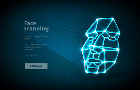 Face low poly art illustration. Concept of face detection by scanning technology advancement, human head. Face recognition. Polygonal space low poly with connected dots and polygon lines. 3D vectorのイラスト素材