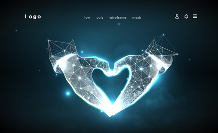 Hands of shape Heart. Abstract on dark blue background. Low poly wireframe. Gesture hands. Love symbol. Plexus lines and points in the constellation. Particles are connected in a geometric shape.のイラスト素材