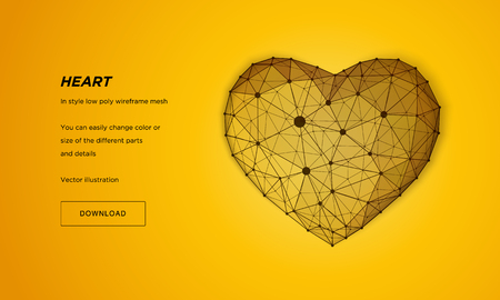 Heart in style Low poly wireframe mesh. Abstract on yellow background. Concept Love. Plexus lines and points in the constellation. Particles are connected in a geometric shape.のイラスト素材