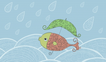 A fish with an umbrella, swimming in the water in the rain. のイラスト素材