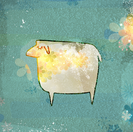 Unusual sheep on a grungy turquoise background with snowflakes. Eps10 vector illustration.のイラスト素材