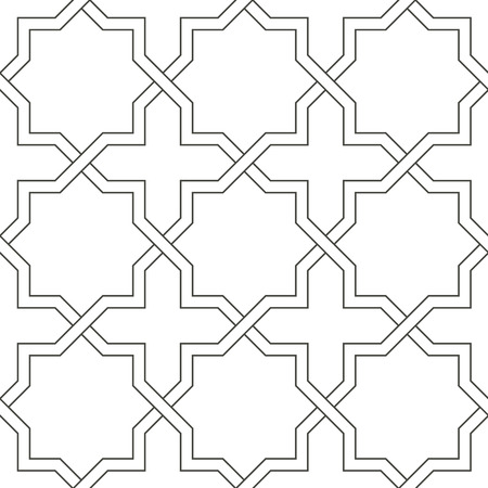 Seamless symmetrical abstract vector background in arabian style made of geometric shapes. Islamic traditional pattern. Black and white colors.のイラスト素材