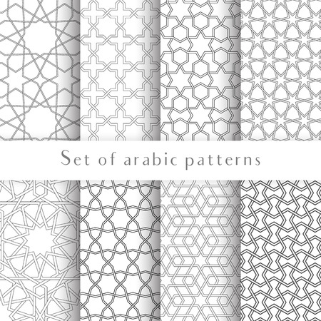 Set of symmetrical abstract vector Islamic traditional background in arabian style made of emboss geometric shapes. Black and white colors. Seamless pattern is in the swatches palette.のイラスト素材