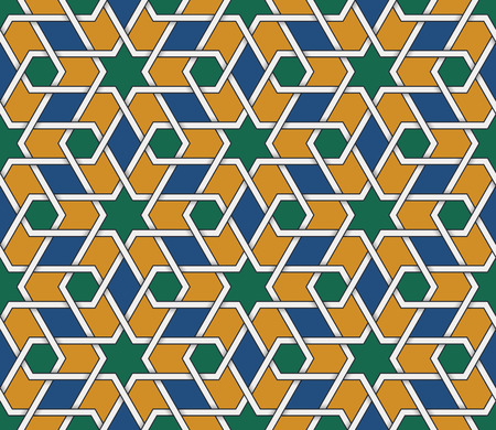 Seamless symmetrical abstract vector background in arabian style . Islamic traditional pattern. Yellow, green and blue colors.のイラスト素材