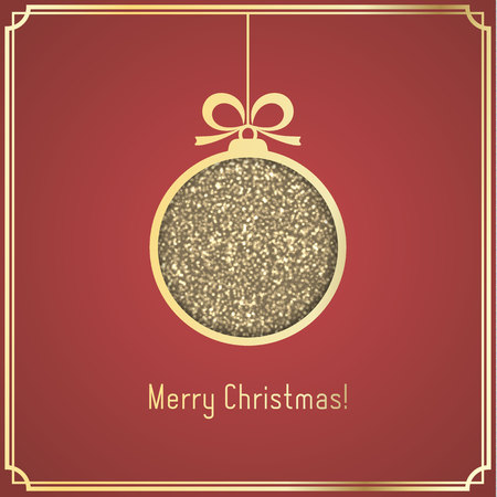 Gold Christmas ball, made of glitter, cut paper on red background. Bright elegant vector card in traditional colors.のイラスト素材