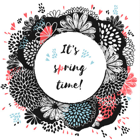 Vector circle frame on contrast background, made of doodle flowers. Black, white, red and blue colors.のイラスト素材