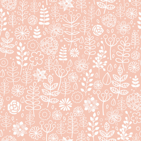 Hand drawn vector forest doodle pattern with branches, leaves, flowers, berries.のイラスト素材