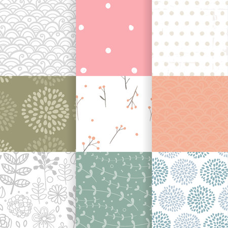 Set of vector spring patterns with flowers, doodle pattern, branches, leaves.のイラスト素材