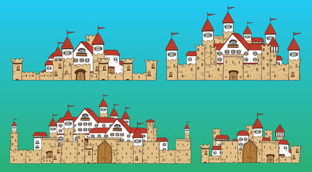 Vector cartoon cute creator castles. Set of medieval architecture.のイラスト素材