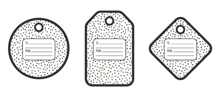 Set of geometric tags with doodle dots pattern and place for text. Black and white design.のイラスト素材