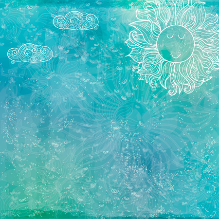 Vector blue background with cute character sun and clouds.のイラスト素材