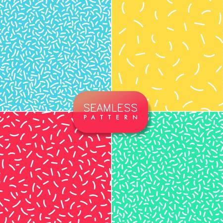 Set of abstract modern pop art vector seamless patterns with forms in trendy memphis style on red, blue, green and yellow backgrounds.のイラスト素材