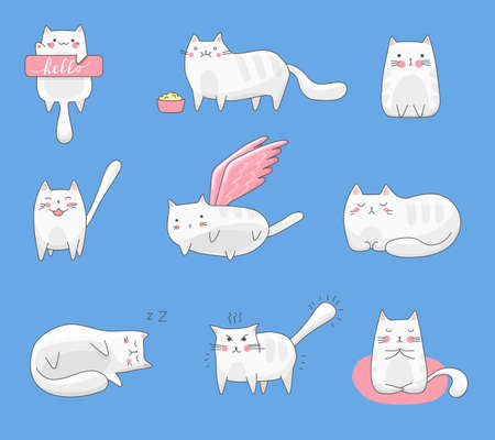 Set of vector cartoon stickers with cats with different emotions and emoticons: joyful, cheerful, angry, sleeping, welcoming, flying, meditating, eating, sitting, walking. Gray cats on a blue.のイラスト素材