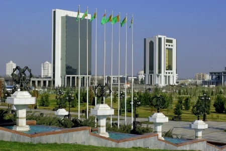 Two buildings behind a young park   Ashkhabad  Turkmenistan の写真素材