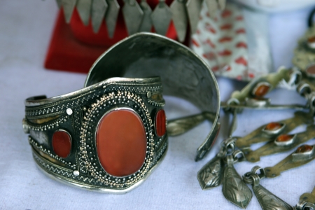 National woman jewelry made of silver and semi-precious stones  Turkmenistan  Ashkhabad market の写真素材