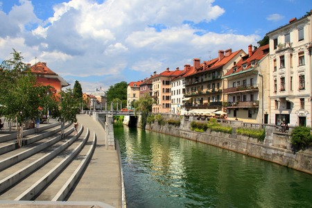 LJUBLJANA, SLOVENIA - CIRCA JULY 2014: Old town embankment in Ljubljana. Ljubljana is the business and cultural center of the country.のeditorial素材