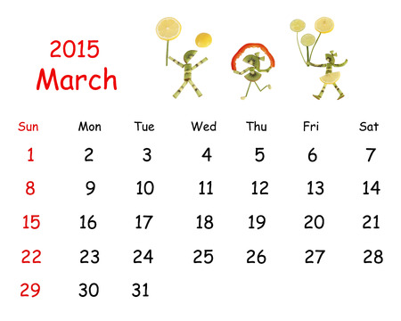 2015 Calendar. March. Little funny people from vegetables and fruits.の写真素材