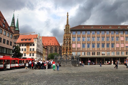NURNBERG, GERMANY - JULY 13 2014: Hauptmarkt, the central square of Nuremberg, Bavaria, Germany.  Nuremberg accommodates annually more than 2 millions touristsのeditorial素材