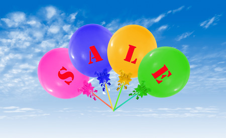 Flying group of balloons, concept of sale message for shopの写真素材