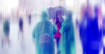 Abstract background. Rainy Day. Hauptmarkt, the central square of Nuremberg, Bavaria, Germany.  Blur effect defocusing filter applied, with vintage instagram look.の写真素材