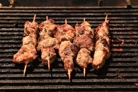 The Caucasian shish kebab on skewers. Selective focus.の写真素材