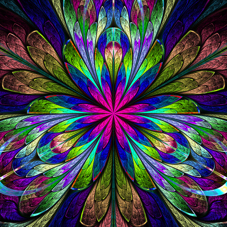 Multicolored symmetrical fractal flower in stained-glass window style. Computer generated graphics.の写真素材