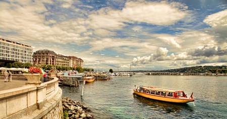 Geneva, Switzerland - JULY 12, 2014. Waterfront views of Lake Geneva