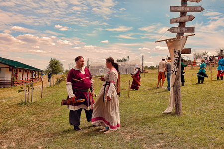 Vatra, Moldova. June 28, 2015. Medieval Festival.  Unidentified participants dressed in medieval clothesのeditorial素材