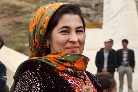 Kov-Ata, Turkmenistan - October 18. Portrait of unidentified  Asian woman in a headscarf. Kov-Ata, Turkmenistan - October 18. 2015.のeditorial素材