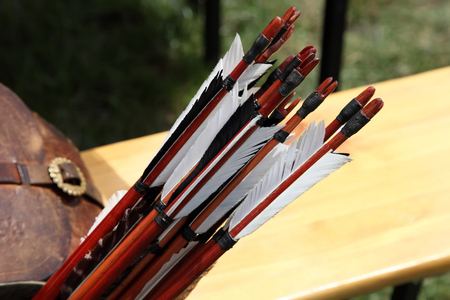 Medieval accessories. Part of arrows for archery. Handicrafts.のeditorial素材